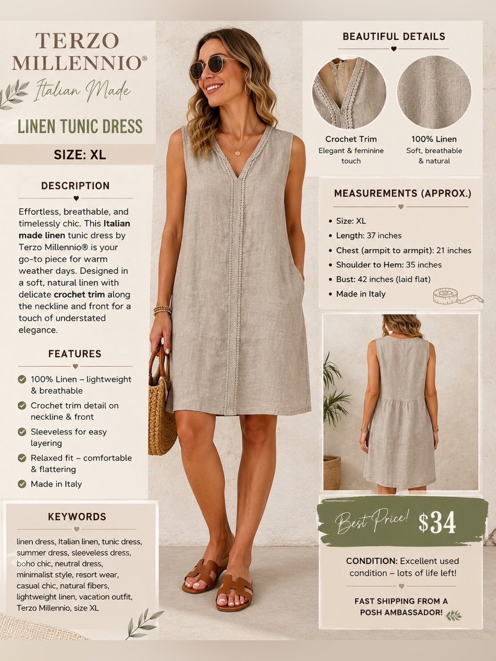 Terzo Millennio Linen Tunic Dress in Natural
